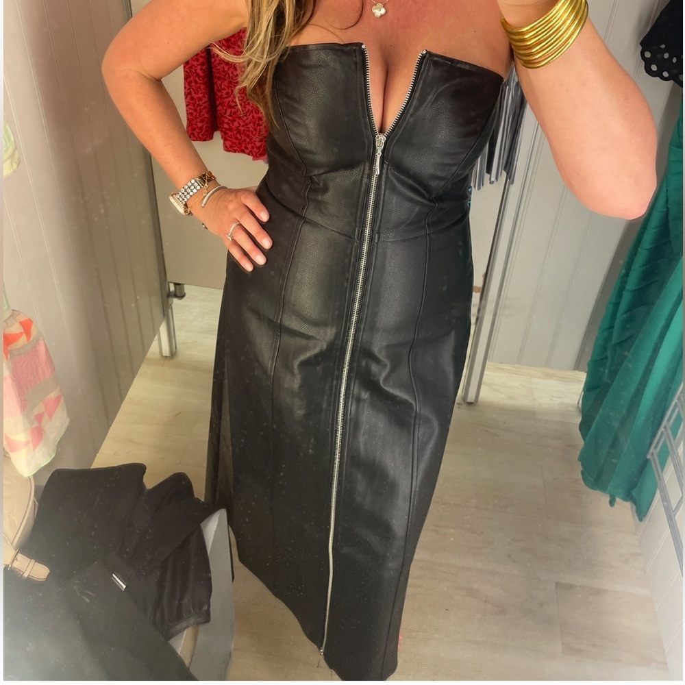 French Connection Black Strapless Faux Leather Dress with Zipper